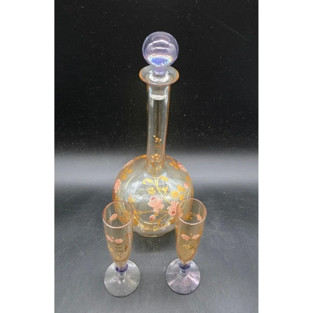 Victorian French Hand Painted Floral Glass Decanter Set Amber Purple Stopper 9